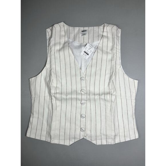 J Crew Striped Linen Blend Vest Womens 10 Ivory Camel Tailored Button V Neck - Picture 1 of 7